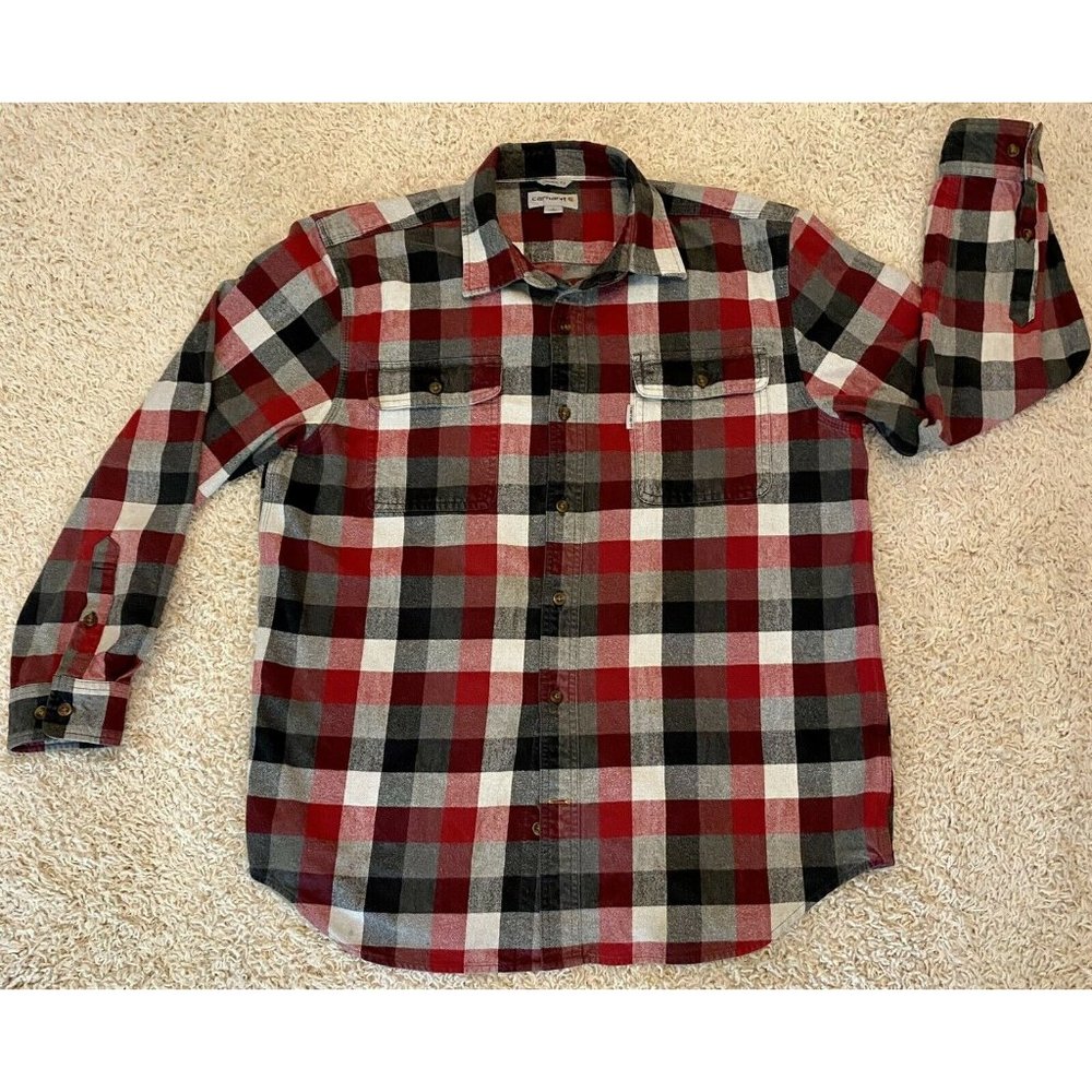 carhartt mens large heavy flannel long sleeved button-up shirt 2 pockets